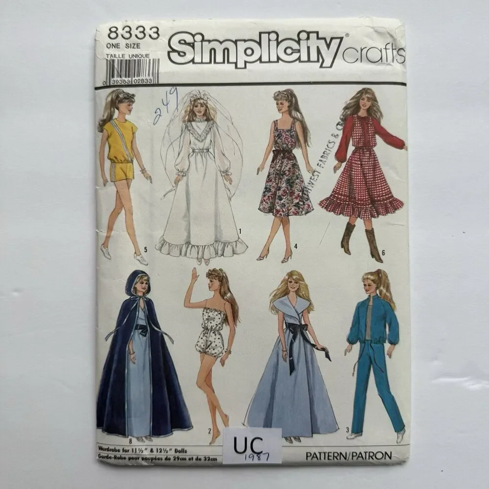 Vtg 1987 Simplicity 8333 Barbie Clothes Pattern Fits 11.5 -12.5 ” Fashion Dolls